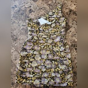 Zara Dress Womens Medium Yellow Floral Print Ruched Draping One Shoulder